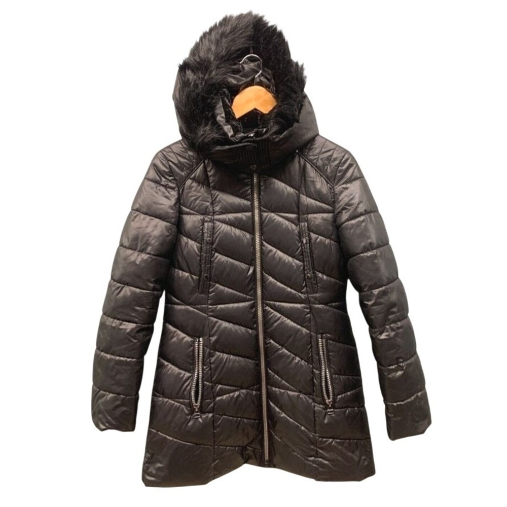 Marc New York Faux Fur Trim Puffer Coat Womens S Black Quilted Winter Warm Parka